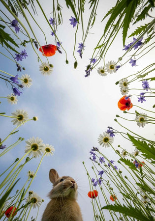 A curious rabbit sniffs flowers in a vibrant garden under a bright blue skyの写真素材
