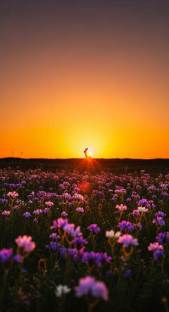 A serene field of colorful flowers during a vibrant sunset with a peaceful atmosphereの写真素材
