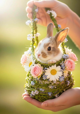 A small rabbit sitting in a floral basket held by two hands in a natural outdoor settingの写真素材