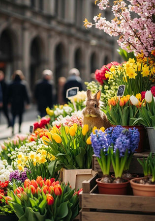 A rabbit sits among vibrant flowers at an outdoor market on a sunny day with people walking byの写真素材