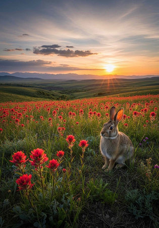 A serene rabbit sitting in a vibrant field of red flowers at sunsetの素材