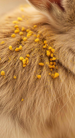 A close-up view of a cat's fur with yellow pollen grains stuck to itの写真素材