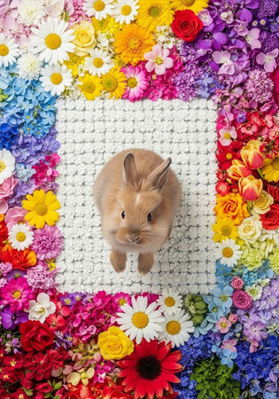 A cute rabbit sitting on a white crochet blanket surrounded by colorful flowersの写真素材