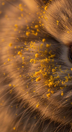 A close-up view of a furry surface covered in yellow pollen grainsの写真素材