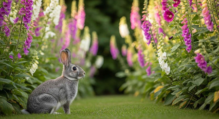 A rabbit sits in a lush green garden surrounded by vibrant colorful flowersの写真素材