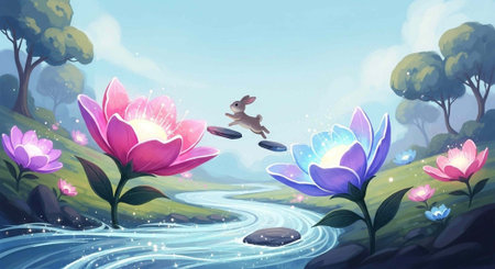 A whimsical illustration of a rabbit jumping over a serene stream surrounded by vibrant flowers and lush greeneryの写真素材