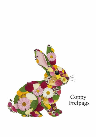 A colorful floral rabbit illustration with pink flowers and green leaves on a white backgroundの写真素材