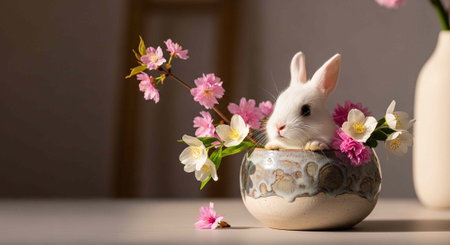 A white rabbit sitting in a decorative vase with pink and white flowers on a tableの写真素材