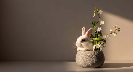 A white rabbit sitting in a textured vase with white flowers on a table with a plain backgroundの写真素材