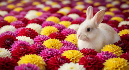 A white rabbit sitting in a vibrant field of colorful flowers on a sunny dayの写真素材