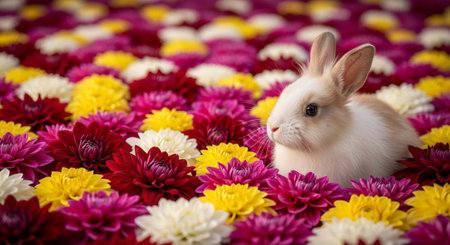 A small white rabbit sitting in a vibrant field of colorful flowers on a sunny dayの写真素材