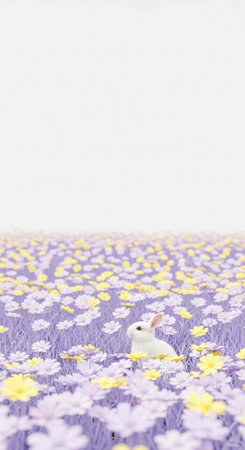 A small white rabbit sitting in a field of vibrant purple and yellow flowers under a bright skyの写真素材