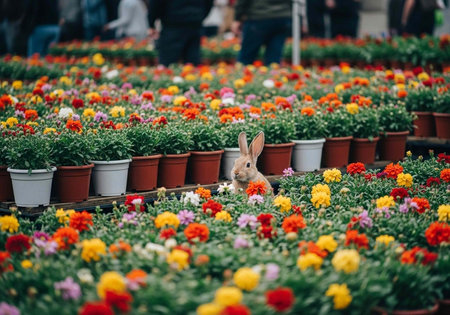 A rabbit sits among vibrant flowers in pots at a bustling garden center or nursery with people in the backgroundの写真素材