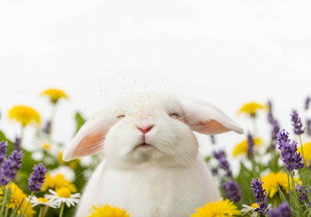 A white rabbit sitting in a field of colorful flowers on a bright dayの写真素材