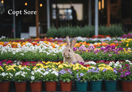 A cute rabbit sitting in a vibrant flower garden surrounded by colorful potted plantsの写真素材