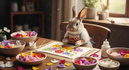A rabbit sitting at a table with colorful flower petals and painting a beautiful floral artworkの写真素材