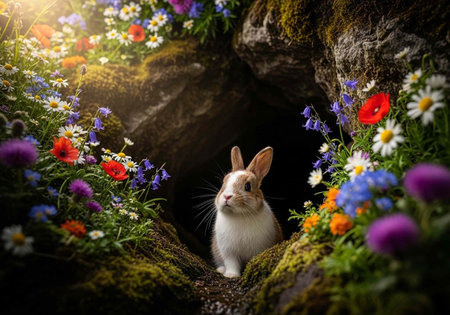 A white rabbit sitting in a cave surrounded by colorful flowers and greenery in a natural landscapeの写真素材