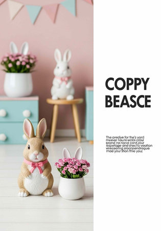 A cute Easter bunny figurine with pink flowers in a pastel-colored room with a bannerの写真素材