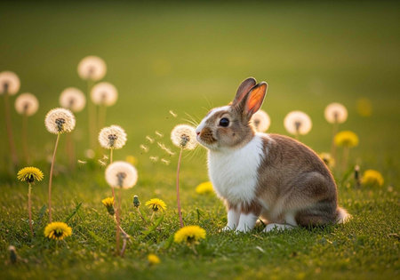 A cute rabbit sitting in a field of dandelions on a sunny dayの写真素材