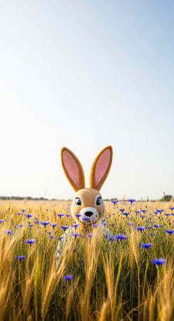 A cute cartoon rabbit peeking out from a field of tall grass and colorful wildflowers on a sunny dayの写真素材