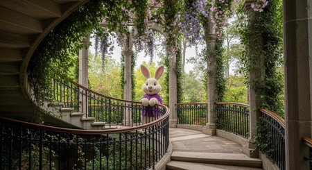 A large stuffed Easter bunny stands on a beautiful curved staircase surrounded by lush greenery and flowers.の写真素材