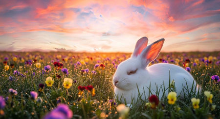 A serene white rabbit sitting in a vibrant field of colorful flowers at sunsetの写真素材