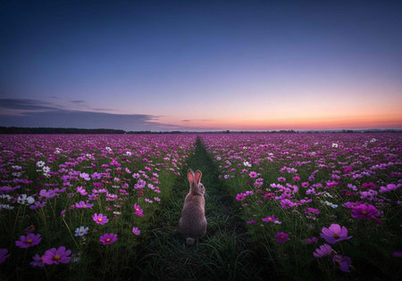 A serene rabbit sitting in a vibrant field of colorful flowers at sunsetの写真素材
