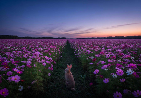 A serene rabbit sits in a vibrant field of purple flowers at dusk under a colorful skyの写真素材