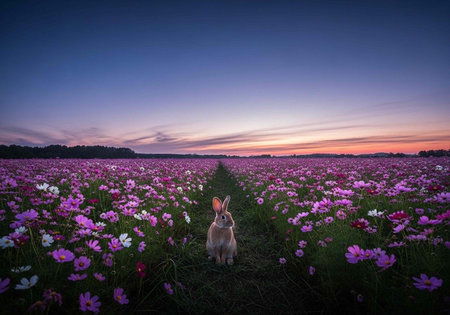 A serene rabbit sitting in a vibrant field of colorful flowers at sunsetの写真素材