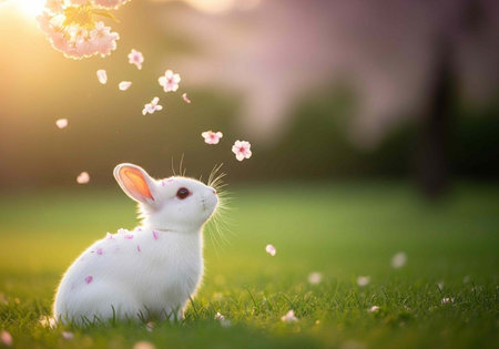 A white rabbit sitting in a green field with cherry blossoms falling around itの写真素材