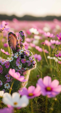 A rabbit covered in colorful flowers stands in a vibrant field of pink and white blooms at sunsetの写真素材