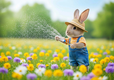 A rabbit in a straw hat waters colorful flowers in a sunny meadow on a bright day.の写真素材