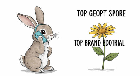 A cartoon rabbit wearing headphones and holding a phone next to a yellow flowerの写真素材