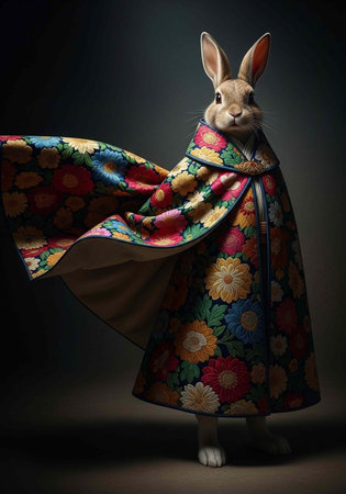 A rabbit wearing a colorful floral cape stands confidently in a dark room with a subtle spotlight shining on it.の写真素材