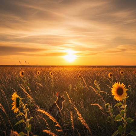 A serene landscape of a sunflower field at sunset with a rabbit in the foregroundの写真素材