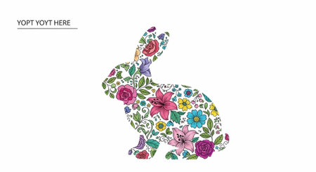 A colorful floral rabbit illustration on a white background with text space for customizationの写真素材
