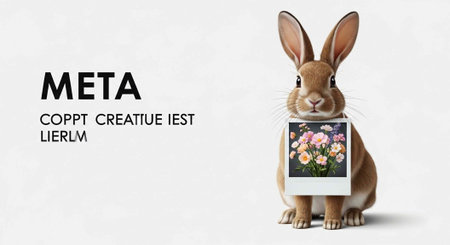 A cute brown rabbit holding a Polaroid photo of colorful flowers in its mouth on a white backgroundの写真素材