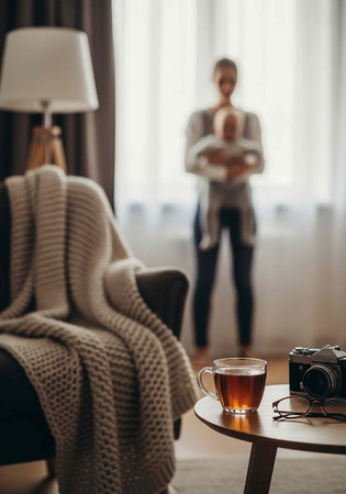 A man holding a baby in a cozy living room with a cup of tea and a cameraの写真素材