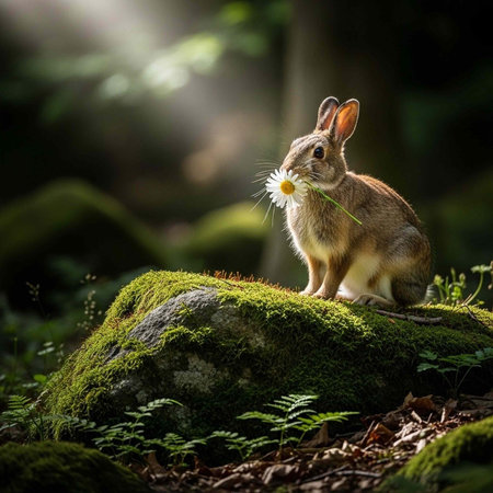 A rabbit sitting on a mossy rock in a forest with a flower in its mouthの写真素材