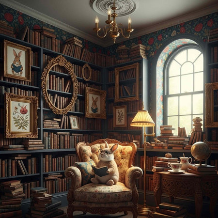 A stuffed animal sits in a cozy library chair surrounded by books and framed picturesの写真素材