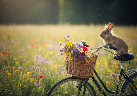 A cute rabbit sitting on a bicycle with a basket of colorful flowers in a beautiful field of wildflowersの写真素材