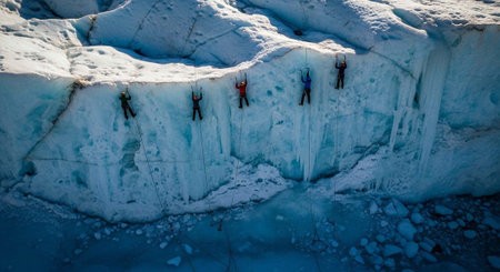 Aerial view of people climbing a glacier with ropes and harnesses on a bright blue ice wall.の写真素材