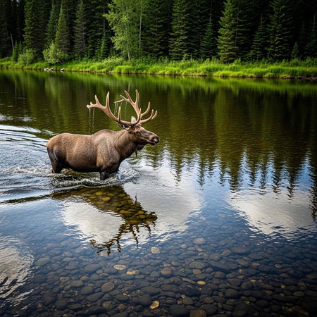 A large moose with impressive antlers wades through a serene river with clear water and rocky bottom.の写真素材