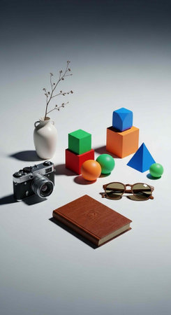 Arrangement of blocks, camera, book, vase, glasses, and spheres on a plain surfaceの写真素材