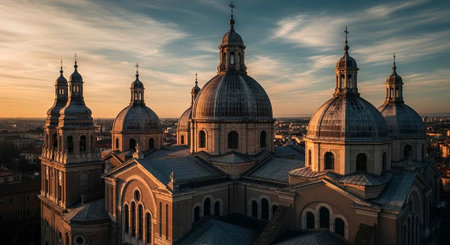 Stunning aerial view of a historic cathedral with multiple domes and towers at sunset.の写真素材