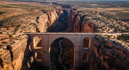 Stunning aerial view of a historic bridge with arches crossing a deep desert canyonの写真素材