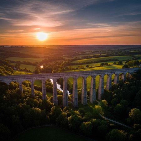 Aerial view of a serene landscape with a historic viaduct at sunsetの写真素材