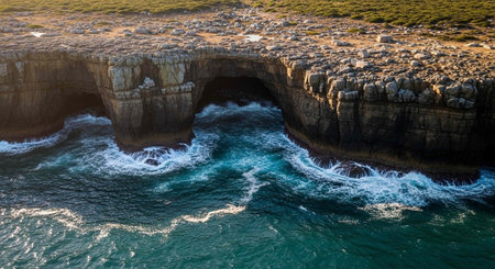 A stunning aerial view of a rocky cliffside with ocean waves crashing against itの写真素材