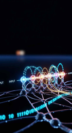 A futuristic digital network with glowing neon lines and binary code on a dark backgroundの写真素材