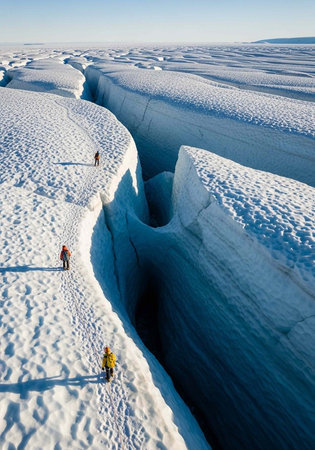A group of people hiking on a snowy glacier with a massive crevasse in the ice under a clear blue skyの写真素材